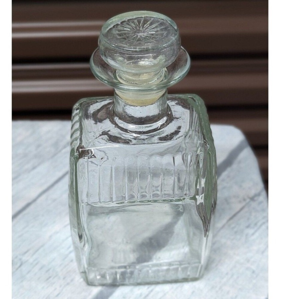 MCM Vintage Square Glass Liquor Decanter Bar Bottle w Original Stopper 8"